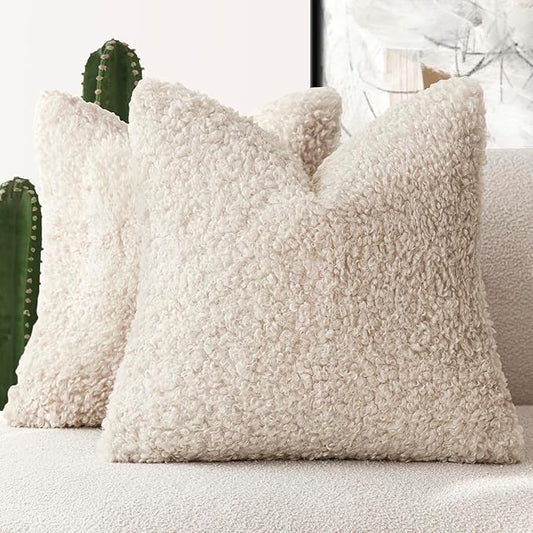 Foindtower 2 Pieces 22x22 Inch Neutral Cream, Faux Fur Throw Pillow Cover Accent Sherpa Pillow Fuzzy Soft Pillowcases Sheepskin Decorative Fleece Cushion Case for Bed Couch Living Room