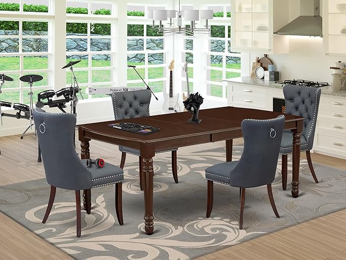 East West Furniture DODA5-MAH-13 5 Piece Dinette Set Includes a Rectangle Dining Table with Butterfly Leaf and 4 Polyester Fabric Upholstered Chairs, 42x78 Inch, Mahogany