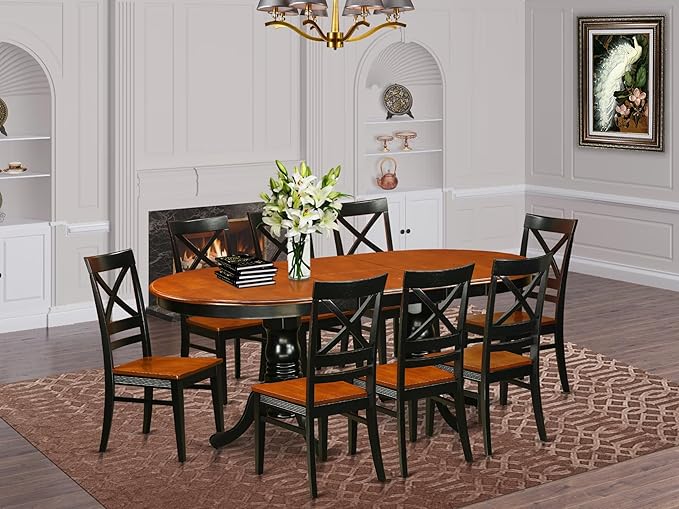 East West Furniture PLQU9-BCH-W 9 Piece Dining Table Set Includes an Oval Dinner Table with Butterfly Leaf and 8 Dining Room Chairs, 42x78 Inch, Black & Cherry