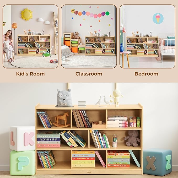 Toy Storage Organizer for Kids Room, Wooden Kids Bookshelf for Classroom, Cube Storage Organizer for Playroom, 8-Section Montessori Bookshelf & Toy Shelf for Nursery