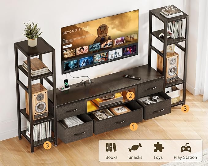 Casaottima 71" TV Stands for 43, 50, 55 Inch TV Entertainment Center with LED Lights and Power Outlets, TV Stand for Living Room with 5 Fabric Drawers & Shelf, TV Console Cabinet for Bedroom, Black