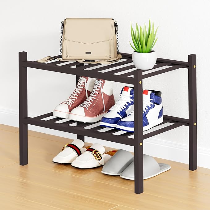 Smiry Shoe Rack, 2 Tier Small Bamboo Shoe Organizer, Stackable Free Standing Wooden Shoe Storage Shelf for Closet, Entryway, Front Door Entrance, Brown