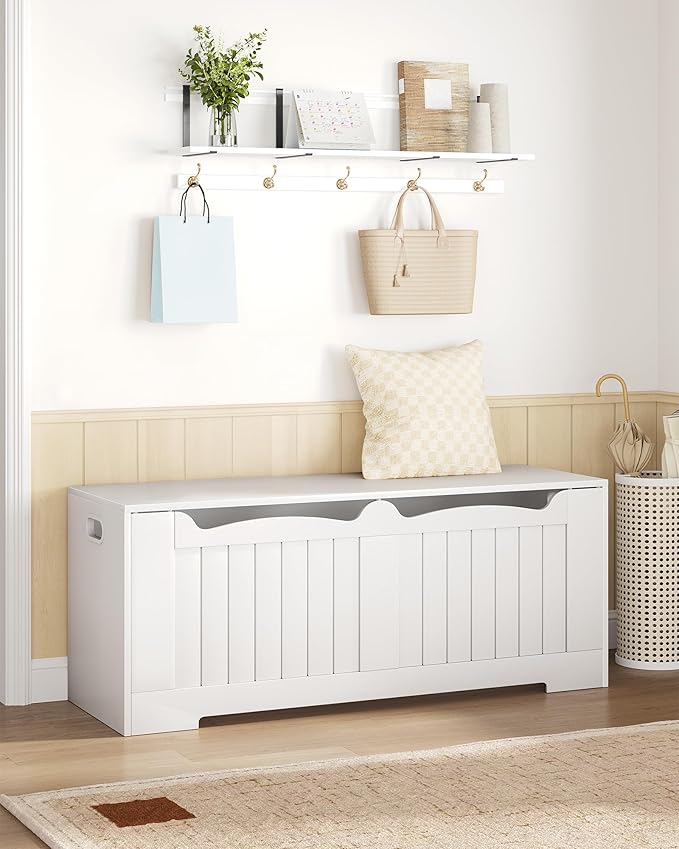47.2" Storage Chest, Extra Large Storage Bench Trunk with 2 Safety Hinges, Wooden Box, Lift-Top Chest Organizer, Shoe Bench for Entryway, Bedroom, Living Room, White SB28603X