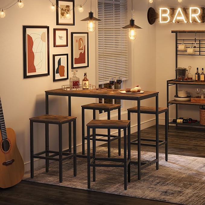 HOOBRO Bar Stools, Set of 2 Bar Chairs with Footrest, Black Steel Frame, Adjustable Feet, for Living Room, Dining Room, Kitchen, Industrial Design, Rustic Brown BF65BY01G1