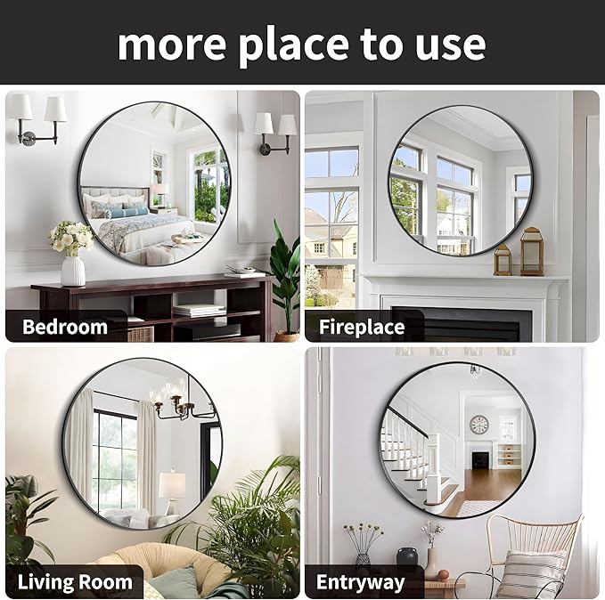 Black 39-Inch Round Mirror - Wall Mounted Aluminum Alloy Metal Frame for Bathroom, Entryway, Living Room, Large Over Sink