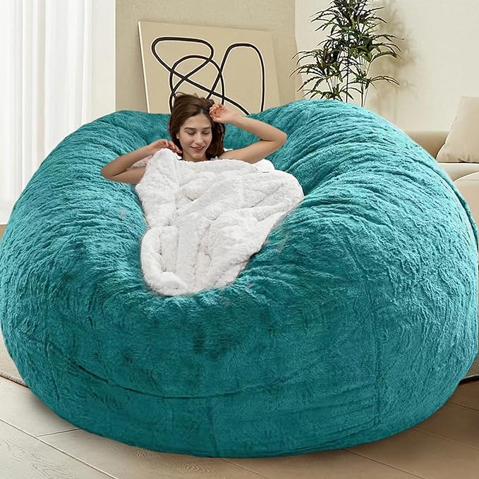 Bean Bag Chair for Adults Kids Without Filling Comfy Oversized Round Lazy Sofa Bean Bag Cover for Stuffed Animal Storage Bedroom Living Room Chairs, 6FT, Peacock Green