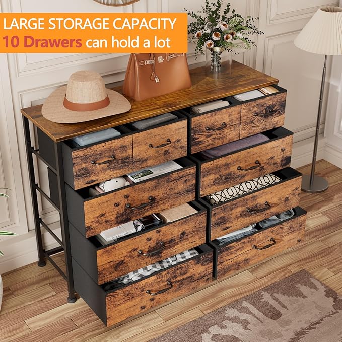 Furnulem Bedroom Dresser for 55”Long TV Stand,10 Storage Organizer Dressers & Chests of Drawers, Sturdy Metal Frame & Wood Top Tall Storage Cabinet for Bedroom Closet Living Room Entryway Rustic Brown