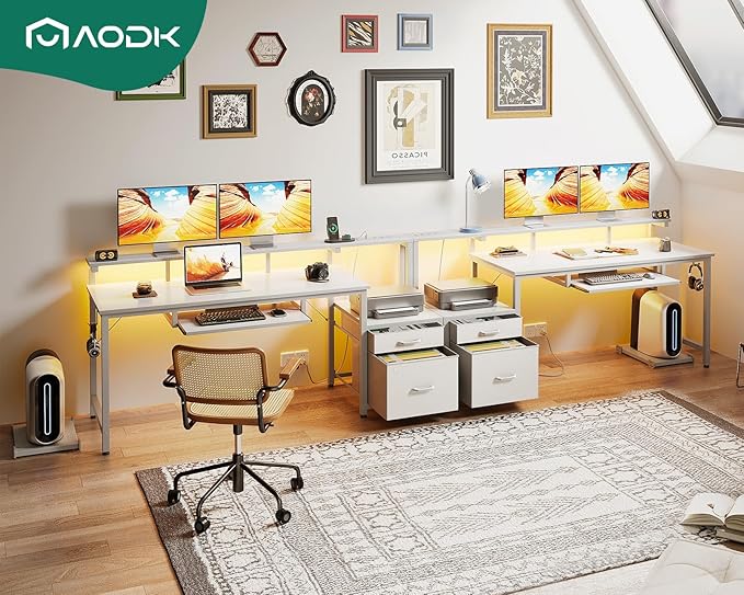 AODK Computer Desk with Drawers and Keyboard Tray, 63" Office Desk with Power Outlet and LED Lights, Reversible Study Work Desk with Printer Shelf and PC Stand for Home Office, White