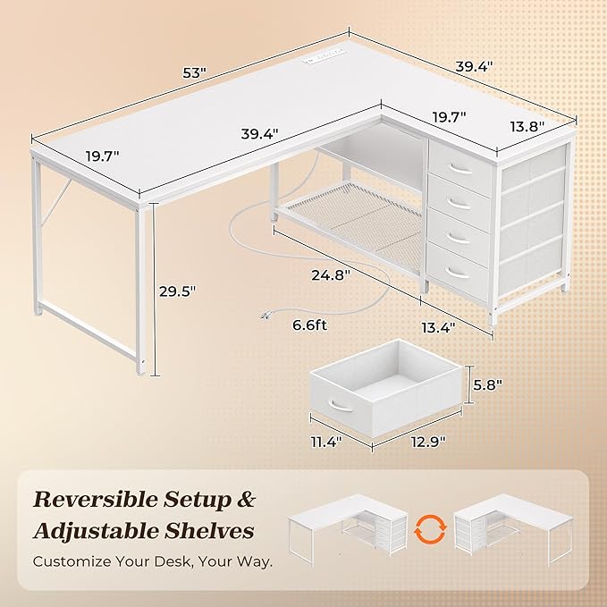 PRAISUN 53" L Shaped Desk with Power Outlets and USB-C Port, Reversible Computer Corner Office Desk with 4 Fabric Drawers and 2 Height-Adjustable Shelves, Large for Gaming Writing Work Study, White