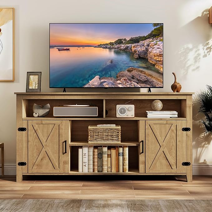 YITAHOME Television Stand for 65 Inch TV, Farmhouse TV Stand Entertainment Center with Storage and Barn Door, Media Console TV Cabinet for Living Room, 59 Inches, Barnwood