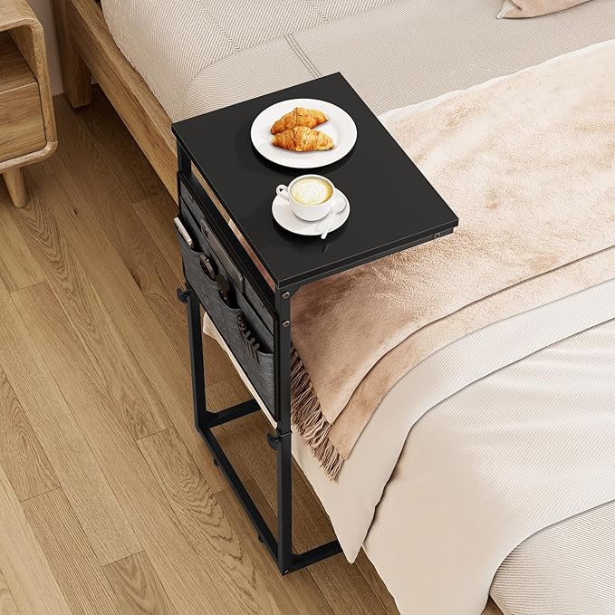Vagusicc C Shaped End Table, 33'' Tall Side Table for Couch, Adjustable Height Small Couch Side Table for Small Spaces, Couch Table Slide Under Sofa Table TV Tray Table for Living Room Bedroom, Black