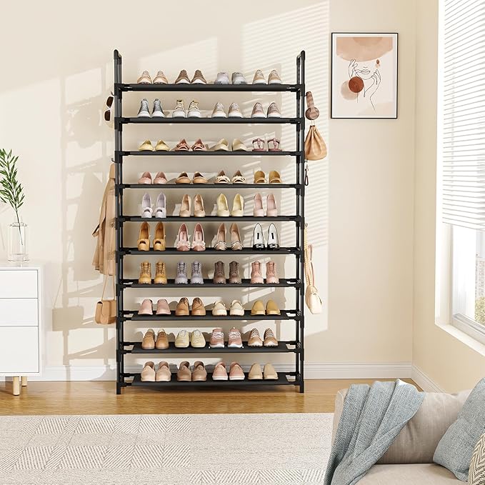 Tall Shoe Rack 10 Tier Shoe Organizer Large Shoe Shelf with 18 Hooks Storage for 50 Pair Sneaker and Boot, Stackable Vertical Shoe Rack Organizer for Closet, Entryway, Bedroom