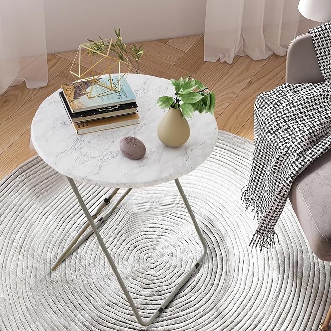TV Trays Table Set of 4 Round Portable Folding TV Tray Table TV Dinner Tray with Sturdy MDF, No Assembly Required, 17.5 x 17.5 x 26 in (White Marble, 4Pcs)