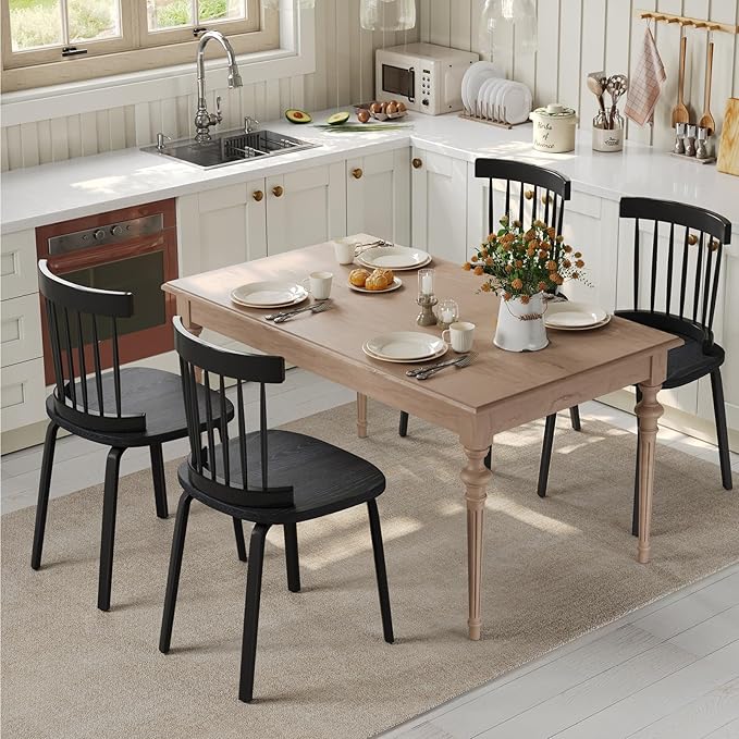Unovivy Black Dining Chairs Set of 6, Wooden Windsor Chairs, Farmhouse Kitchen Chairs, Black Spindle Chair for Dining Room, Restaurant