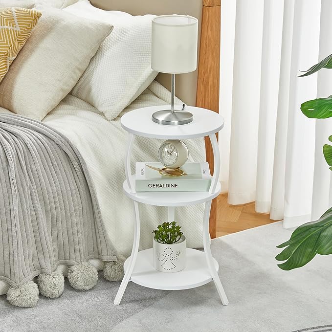 Vintage Small Round Side Table, 3-Tier Slim Waist Circular End Table with Storage Shelf, Compact Tea Sofa Table, Round Corner Coffee Table Nightstand for Living Room Bedroom Small Spaces,White