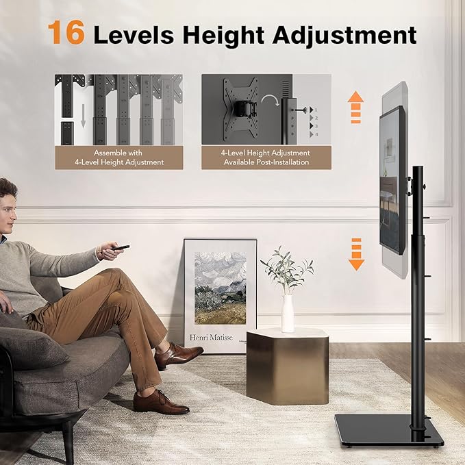 Universal TV Stand Monitor with Mount 100 Degree Swivel Height Adjustable and Tilt Function for 19 to 43 inch LCD, LED OLED TVs,Space Saving Standing Bedroom Living Room Corner,Black