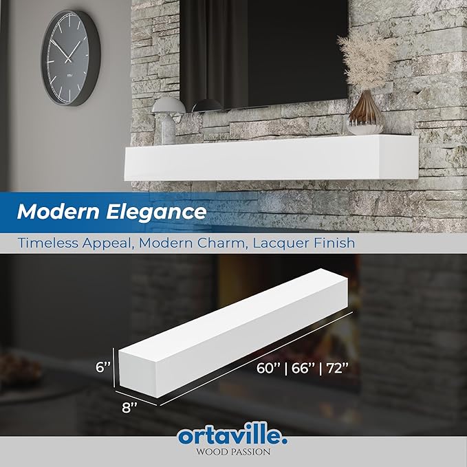 66" Floating Mantel Shelf - Modern White Fireplace Mantel with Matte Lacquer Finish for Living Room Elegance (66", White)