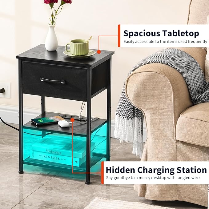 Nightstands Set of 2 with Charging Station and Drawer, End Table Side Table with 20 Colors LED Light Strip and 2 Layers Shelf for Bedroom Living Room Sofa (Black)