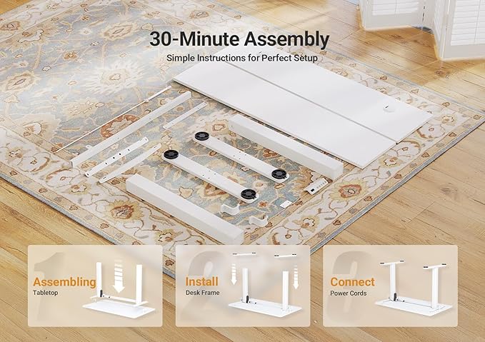 Seang Electric Standing Desk Adjustable Height, 48 x 24 Inch Sit Stand Desk with T-Shaped Frame, 3 Memory Presets & Cable Management for Home Office Computer Workstation, White Frame/White Top