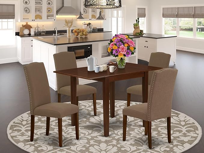 East West Furniture NDEN5-MAH-18 5 Piece Dining Table Set Includes a Rectangle Dining Room Table with Dropleaf and 4 Dark Coffee Linen Fabric Upholstered Chairs, 30x48 Inch, Mahogany