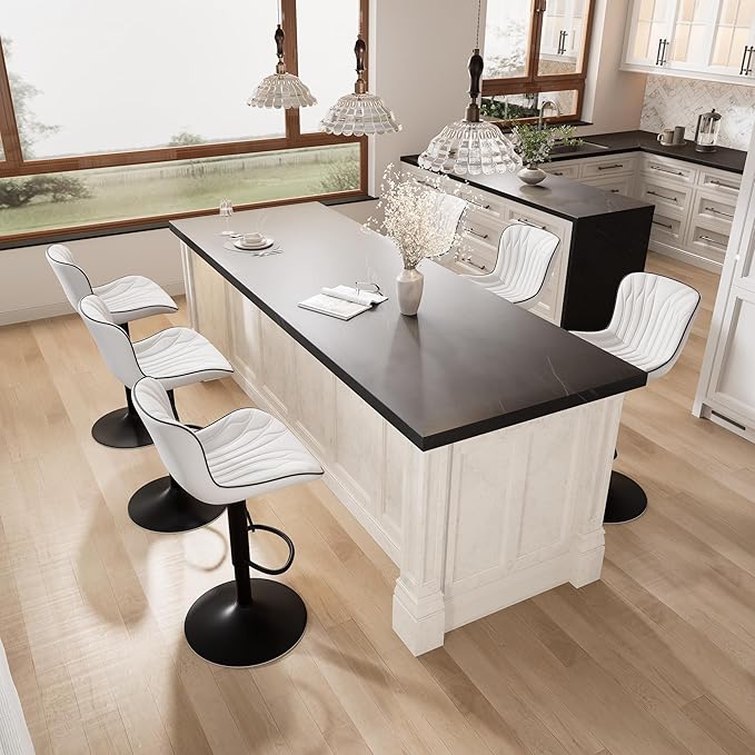YOUNIKE White Bar Stools Set of 6 Modern Swivel Counter Height Bar Chair with Back Adjustable Kitchen Island Faux Leather Padded Barstools taburetes de bar Breakfast sillas para barra de cocina 6PCS