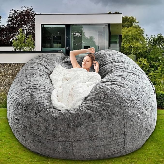 Bean Bag Chair for Adults Kids Without Filling Comfy Fluffy Giant Round Beanbag Lazy Sofa Cover for Reading Chair Floor Chair, 6FT, Grey