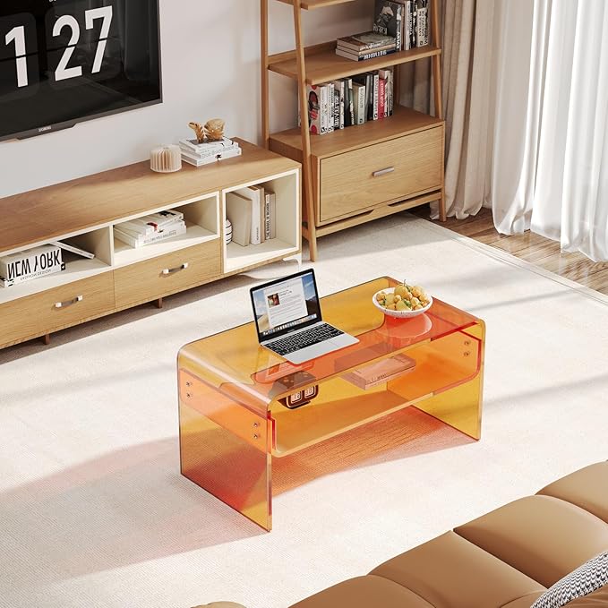 Acrylic Coffee Table, Orange Rectangle Acrylic Side Table Furniture, Modern Tea Table with Open Storage, Acrylic End Table for Living Room, Office Reception and Bedroom