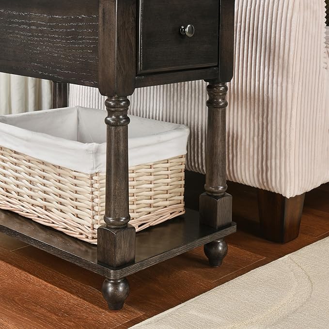 LEEMTORIG Set of 2 Solid Wood End Table Narrow Side Table with Drawer, Cherry Wood End Table Living Room, 13" W Slim Small Nightstand, 22" D x 22.3" H, No-Tools Assembly, Rustic Black BBJ-004-BK