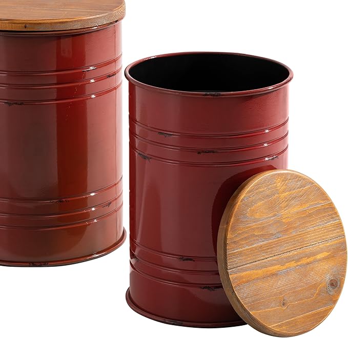 Glitzhome Farmhouse Accent Side Table, Metal Storage Stool Ottoman with Round Lid - Galvanized Coffee Cocktail End Tables Set of 2 for Living Room Bedroom, Red