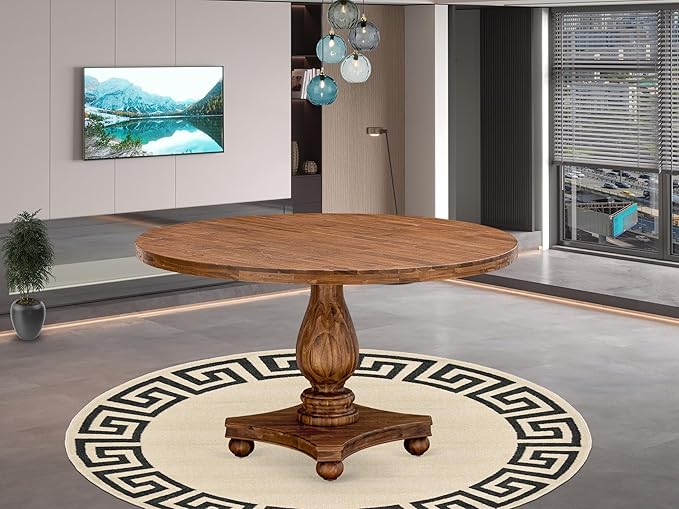 I52-0N-TP Dining Room Table with Acacia Wood Round Tabletop and Elegant Pedestal Base - Antique Walnut Finish