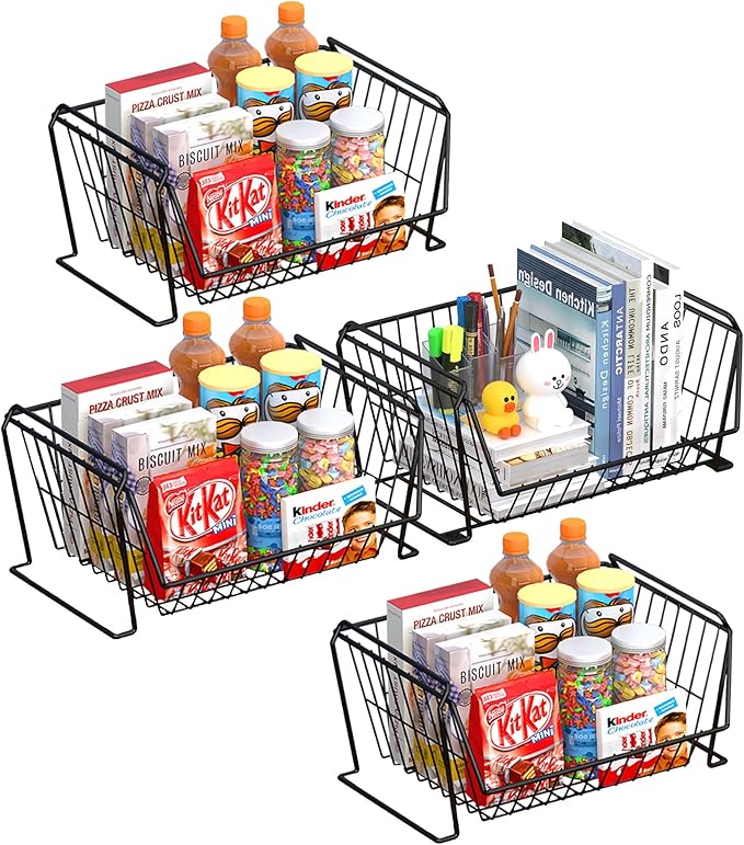 PUSDON 4-Tier Stackable Metal Storage Baskets, Anti-Rust Fruit Vegetable Rack, Dual Use Shelf for Kitchen, Home & Office, Black