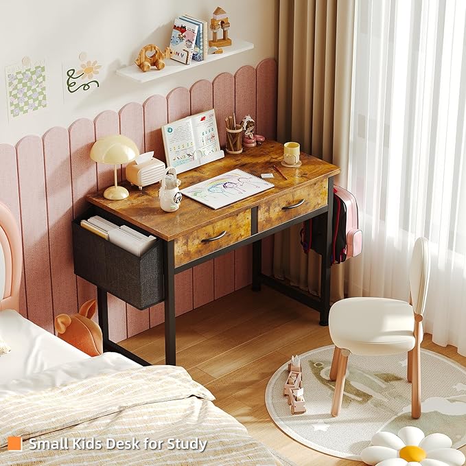 Small Desk with Fabric Drawers- for Bedroom, Vanity Desk with Storage, Home Office Computer Desk for Small Spaces, 32 Inch Modern Work Writing Study Table, Vintage
