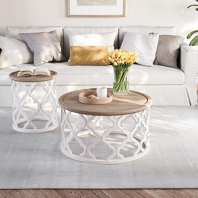 karlott Farmhouse Coffee Table, French Country Round Coffee Table with Distressed Tray Top, Coastal Coffee Table with Curved Motif Frame Base, Boho Coffee Table for Living Room, Dining Room, Bedroom