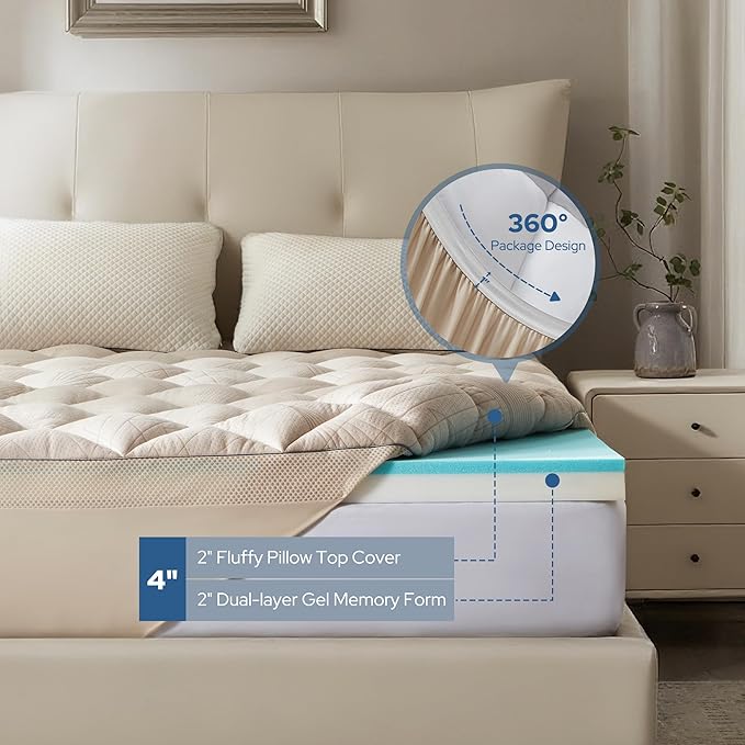 Bedlore 4-Inch Twin Mattress Topper for Back Pain - Dual Layer Medium Support (2" Gel Memory Foam + 2" Cooling Fluffy Pillow Top Pad), Breathable & Pressure Relief (Beige)
