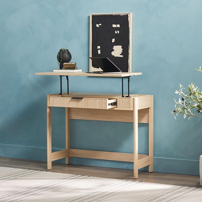 WALKER EDISON Transitional Style Furniture, Reeded Detail, Lift-Top Desk with Drawer and Storage Cubby, Sitting to Standing Desk, Soft Self-Close Desktop, 38”W x 16.75”D x 30”H, Coastal Oak