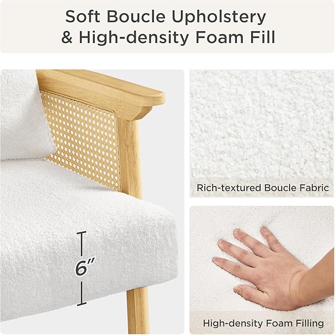 Yaheetech Accent Boucle Vanity Chair with Rattan Back Arms, Mid Century Upholstered Living Room Lounge Chair Bedroom Balcony White 2 PCS