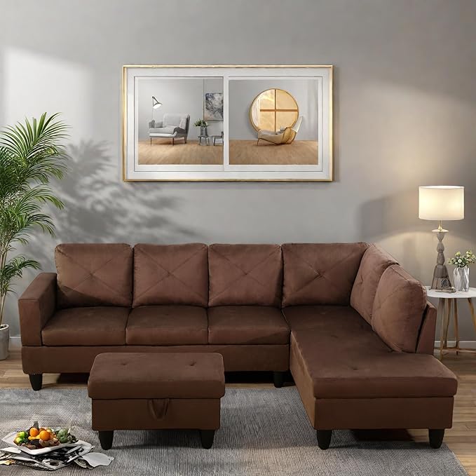 L Shaped Sectional Couches, Modern Modular Sectional Sofa Furniture for Living Room Bedroom, Comfy 4 Seat Couch with Ottoman Storage & Chaise, Brown