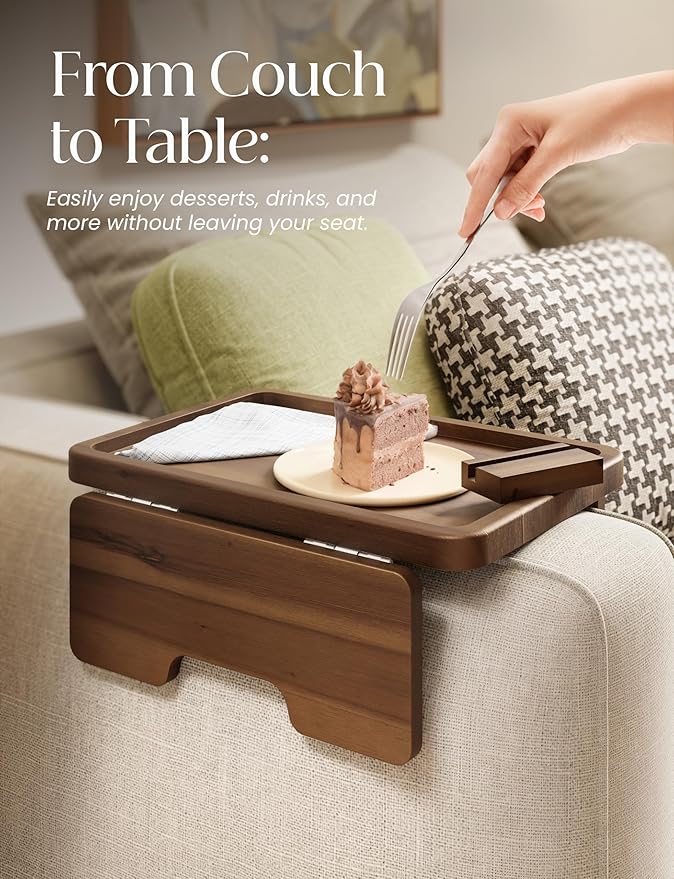 HOLANA 15.75" Acacia Couch Armrest Table - Wood Couch Arm Tray with Phone Holder – Sofa Side Table, Armchair Caddy, Sofa Arm Table for Home Sofa Living Room (Walnut)