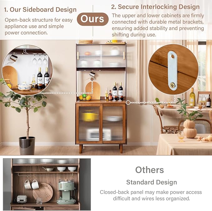 Tiita Kitchen Hutch with Countertop, 69” Rattan Solid Wood Pantry Cabinet with Hutch, Boho Bamboo Sideboard Buffet Cabinet, Boho Entryway Table for Living Room, Home Bar, Hallway, Walnut
