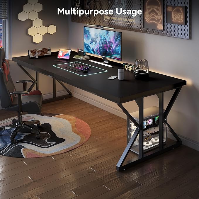 LITTLE TREE 78.7 Inch Large Executive Desk, Extra Long Computer Office Desk Workstation, Modern Simple Style Laptop Table, Sturdy Wooden Writing Workstation for Home Black