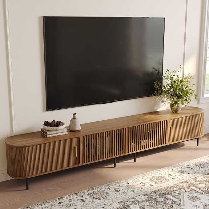POVISON Sliding Tambour Door TV Stand, Mid Century Modern TV Console, Wood Media Console, Entertainment Center with Storage Cabinet, Fully-Assembled (Walnut, 118.11")