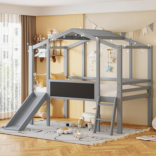 Ball & Cast Twin Size House Loft Bed with Ladder and Slide,Wood Bunkbed w/Blackboard and Light Strip on The Roof,Slat Support,Space Saving,Bedroom Furniture for Student Dorms,Gray