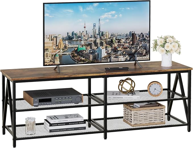 TV Stand for TVs up to 65 Inch, 55" Long Industrial TV Console Table with 3-Tier Storage Shelves, Entertainment Center for Living Room, Bedroom (Rustic Brown)