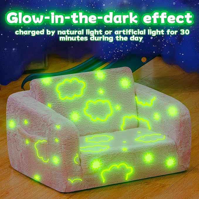 Lamerge 2-in-1 Soft Toddler Couch Fold Out,Foldable Toddler Chair, Glow in The Dark Kids Sofa for playroom,Convertible Foam and Floor Cushion for Boys and Girls (Pink and Clouds)