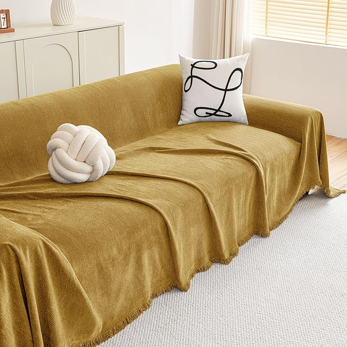 hyha Couch Cover for Dogs, Boho Sofa Covers for 3 Cushion Couch Washable, Chenille Sofa Slipcover for Pets, Soft Loveseat Sectional Couch Throw Blankets with Tassels (Yellow, 88.5x118 Inch)