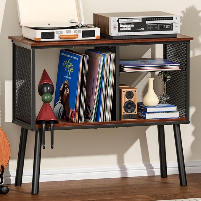 Record Player Stand with Adjustable Divider, Vinyl Storage Holder Up to 200 Albums, Mid-Century Large Record Player Table, Vinyl Holder Turntable Stand End Table Storage Rack for Bedroom & Living Room