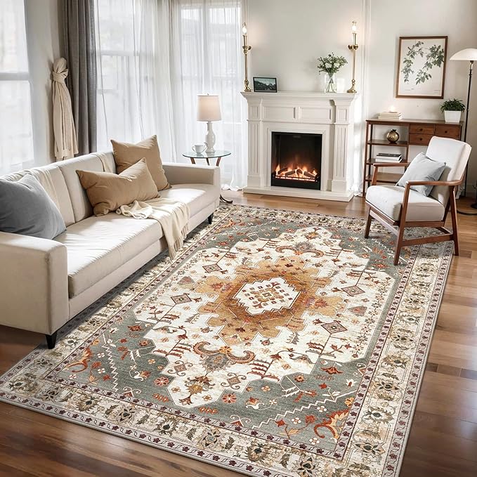 Tangsoo 4x6 Area Rug, Vintage Turmeric, Machine Made Geometric, Indoor, Foldable Non Slip Washable Shed Resistant, 0.35 Inch Pile, Rectangular, Bedroom Bathroom Living Room Entryway