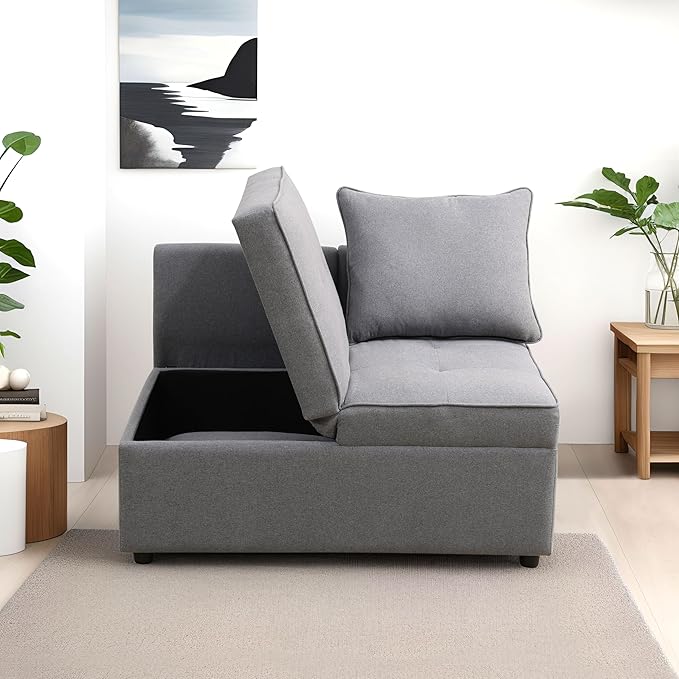 Convertible Ottoman Sofa with Storage, Modern Sackcloth Futon Couch with 2 Pillows Adjustable Backrest, Recliner Folding Loveseat for Living Room, Apartment Dorm, Office,Grey