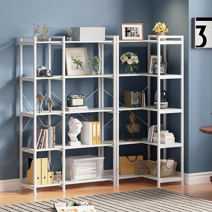 Tohomeor Bookshelf 5 Tier Deformable Corner Bookcase Free Standing Modern Industrial Book Storage Display Book Shelf for Bedroom Living Room Study Room Office (White)