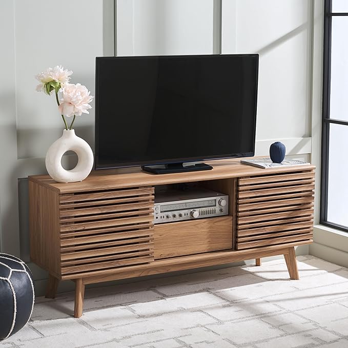 SAFAVIEH ESMA TV Stand for up to 60" Flatscreen – Oak Brown, Low Sideboard with 2 Sliding Doors, 1 Open Shelf, 1 Drawer, Entertainment Media Console (MED9638D)